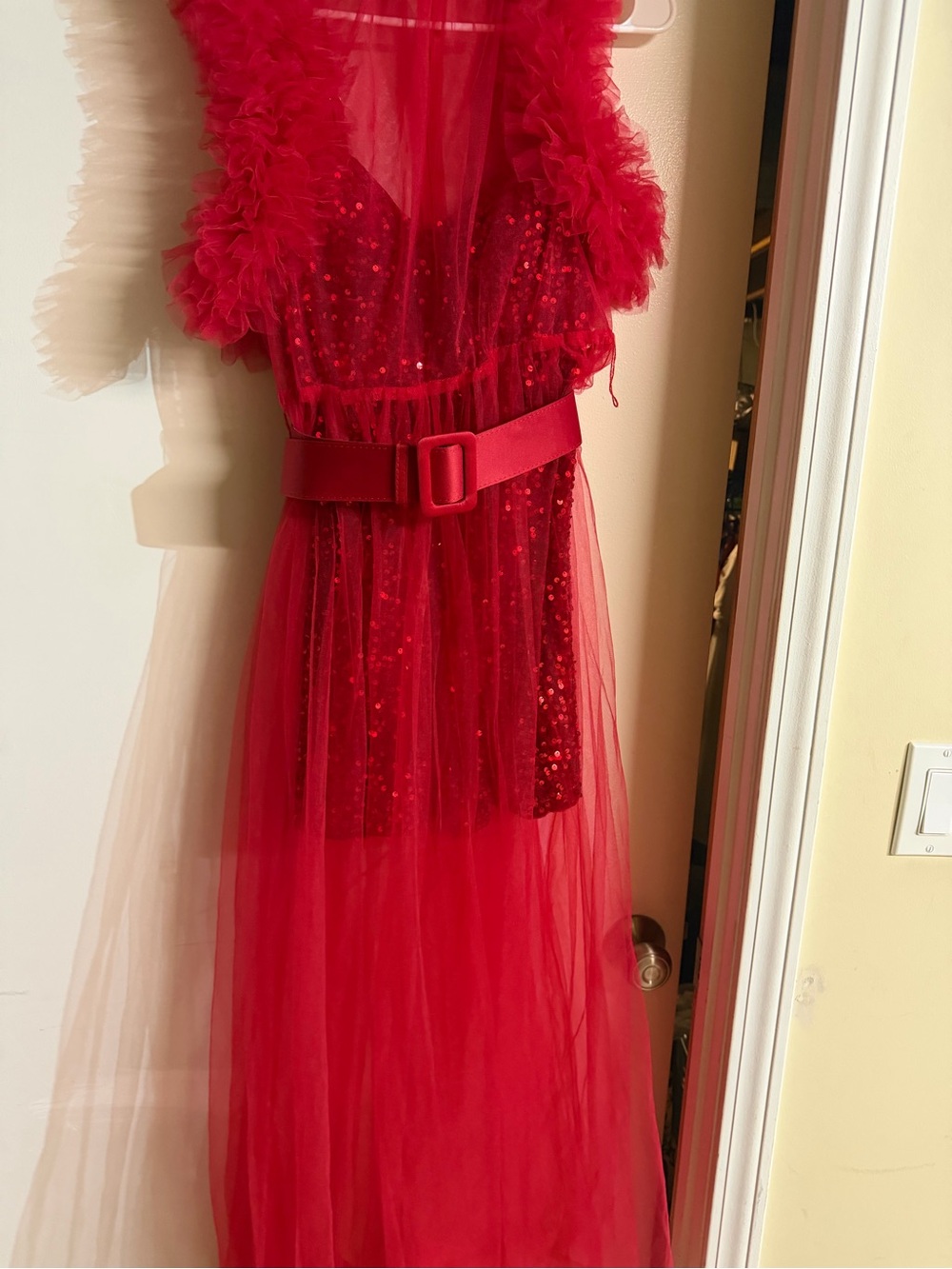 Red Tulle overlay & Sequin romper with Belt